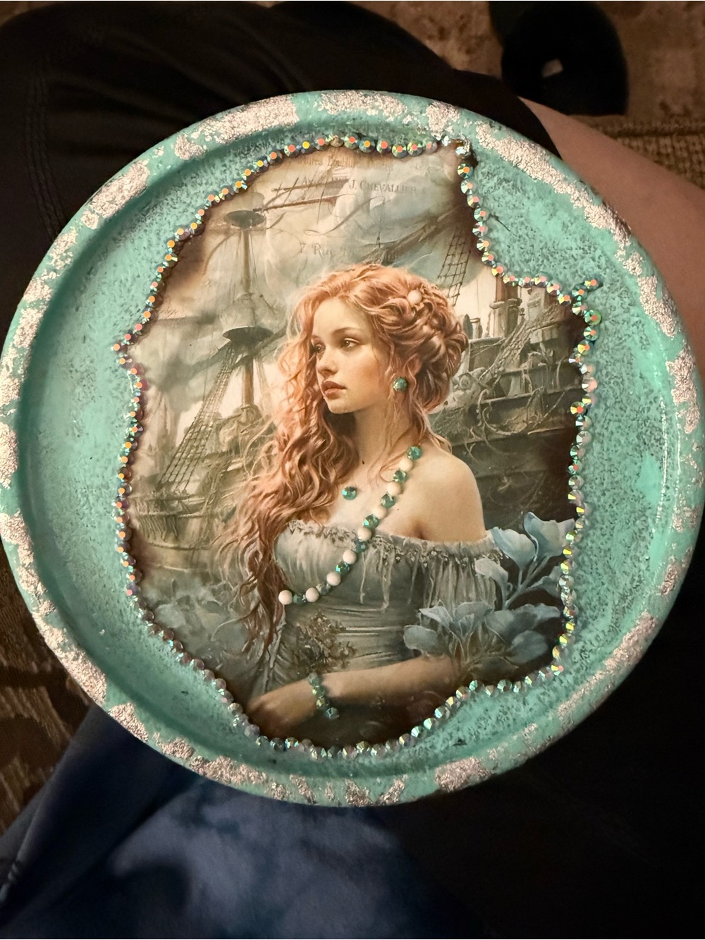 New! Handmade! Decorative Plate with Vintage Style Portrait Ships in Background